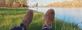 Relaxed point of view: lying in the grass by a pond, looking at one's feet...